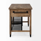 Pojízdný kuchyňský ostrůvek z černého kovu s dvouúrovňovou deskou z hnědého masivního dřeva - 28.0L x 60.0W x 34.0H
