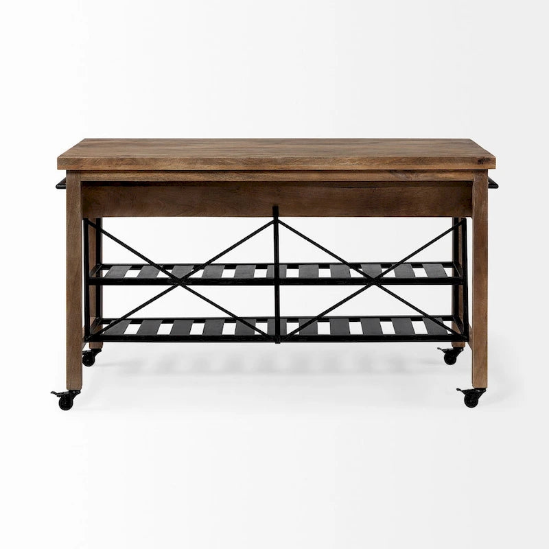 Pojízdný kuchyňský ostrůvek z černého kovu s dvouúrovňovou deskou z hnědého masivního dřeva - 28.0L x 60.0W x 34.0H