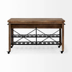 Pojízdný kuchyňský ostrůvek z černého kovu s dvouúrovňovou deskou z hnědého masivního dřeva - 28.0L x 60.0W x 34.0H