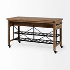 Pojízdný kuchyňský ostrůvek z černého kovu s dvouúrovňovou deskou z hnědého masivního dřeva - 28.0L x 60.0W x 34.0H