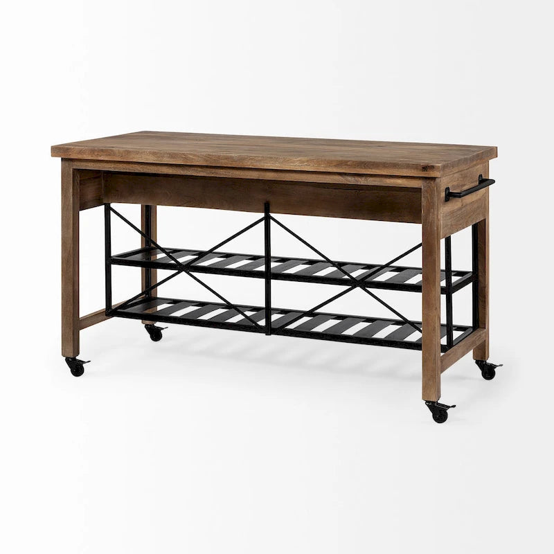 Pojízdný kuchyňský ostrůvek z černého kovu s dvouúrovňovou deskou z hnědého masivního dřeva - 28.0L x 60.0W x 34.0H