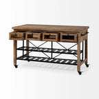 Pojízdný kuchyňský ostrůvek z černého kovu s dvouúrovňovou deskou z hnědého masivního dřeva - 28.0L x 60.0W x 34.0H