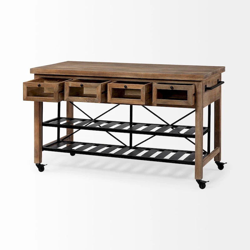 Pojízdný kuchyňský ostrůvek z černého kovu s dvouúrovňovou deskou z hnědého masivního dřeva - 28.0L x 60.0W x 34.0H