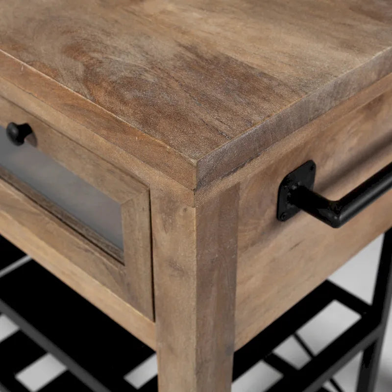 Pojízdný kuchyňský ostrůvek z černého kovu s dvouúrovňovou deskou z hnědého masivního dřeva - 28.0L x 60.0W x 34.0H