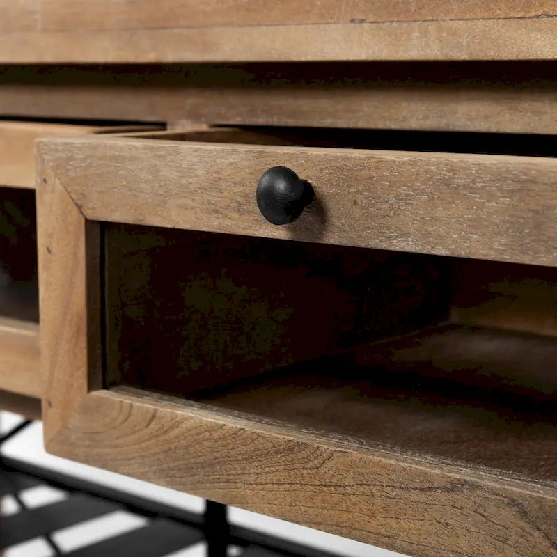 Pojízdný kuchyňský ostrůvek z černého kovu s dvouúrovňovou deskou z hnědého masivního dřeva - 28.0L x 60.0W x 34.0H