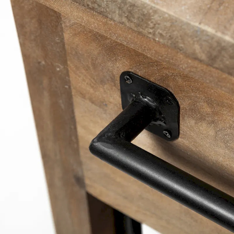 Pojízdný kuchyňský ostrůvek z černého kovu s dvouúrovňovou deskou z hnědého masivního dřeva - 28.0L x 60.0W x 34.0H