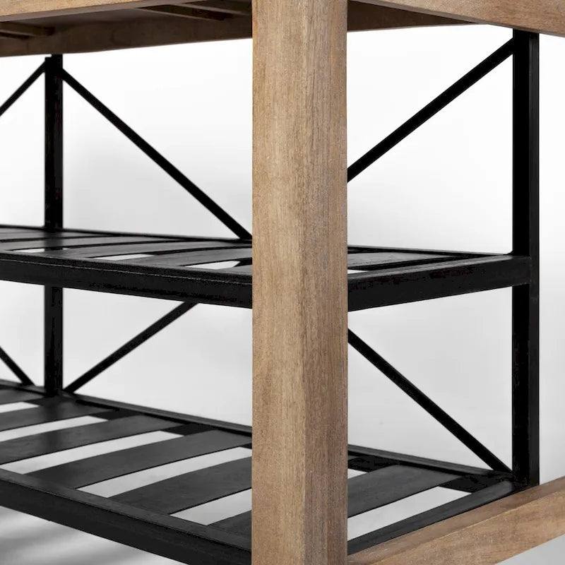 Pojízdný kuchyňský ostrůvek z černého kovu s dvouúrovňovou deskou z hnědého masivního dřeva - 28.0L x 60.0W x 34.0H