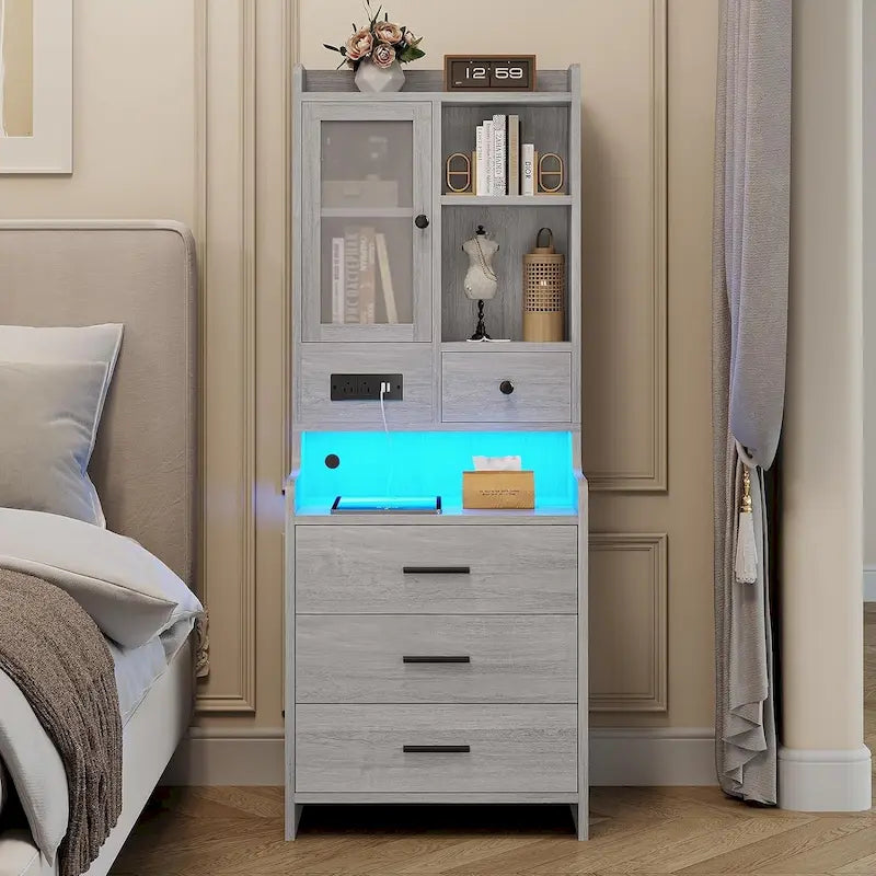 Tall Nightstand with Charging Station, 3 Drawers, Glass Door and LED Lights