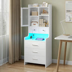 Tall Nightstand with Charging Station, 3 Drawers, Glass Door and LED Lights