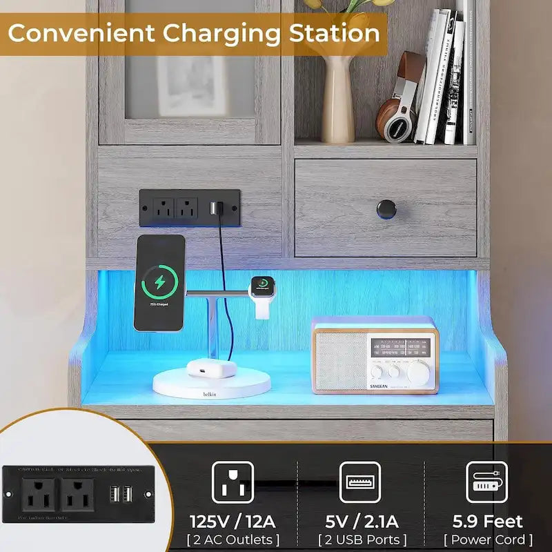Tall Nightstand with Charging Station, 3 Drawers, Glass Door and LED Lights