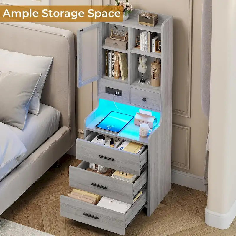 Tall Nightstand with Charging Station, 3 Drawers, Glass Door and LED Lights