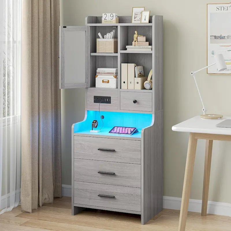 Tall Nightstand with Charging Station, 3 Drawers, Glass Door and LED Lights