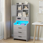Tall Nightstand with Charging Station, 3 Drawers, Glass Door and LED Lights