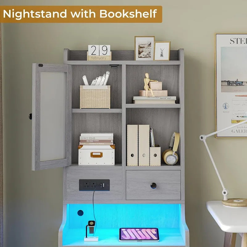 Tall Nightstand with Charging Station, 3 Drawers, Glass Door and LED Lights