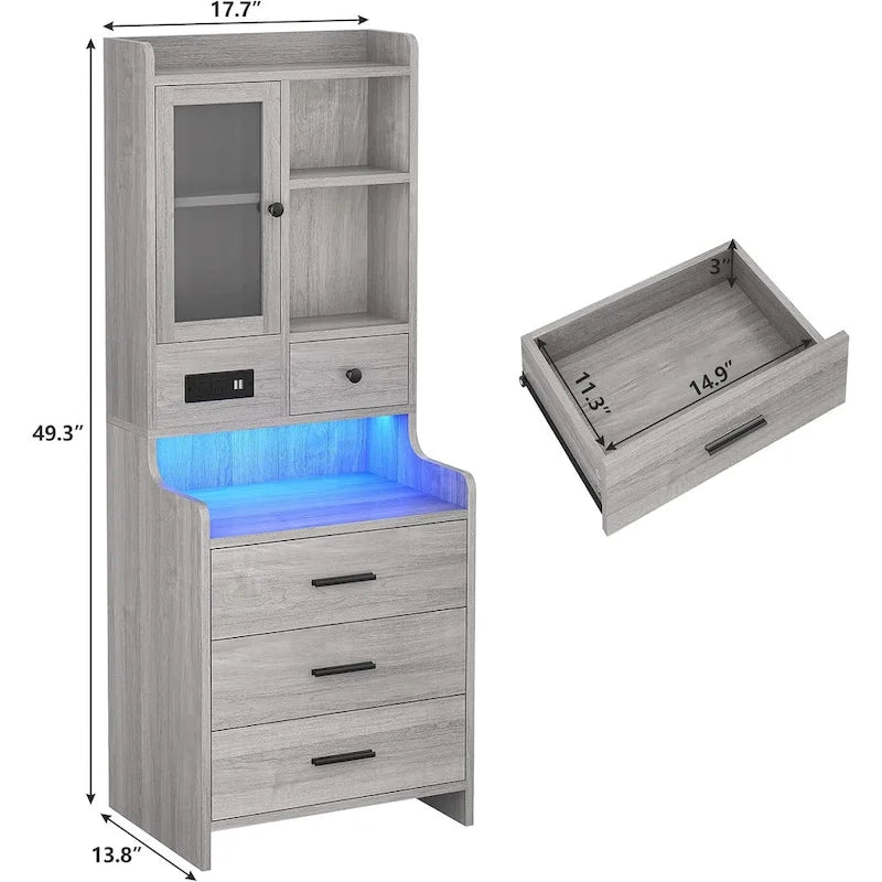 Tall Nightstand with Charging Station, 3 Drawers, Glass Door and LED Lights