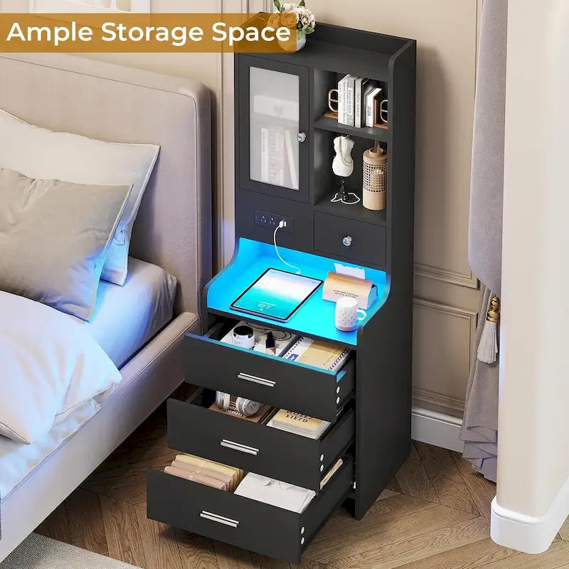 Tall Nightstand with Charging Station, 3 Drawers, Glass Door and LED Lights