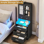 Tall Nightstand with Charging Station, 3 Drawers, Glass Door and LED Lights