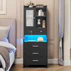 Tall Nightstand with Charging Station, 3 Drawers, Glass Door and LED Lights