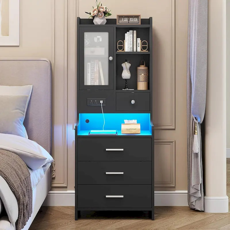 Tall Nightstand with Charging Station, 3 Drawers, Glass Door and LED Lights