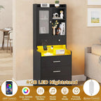Tall Nightstand with Charging Station, 3 Drawers, Glass Door and LED Lights