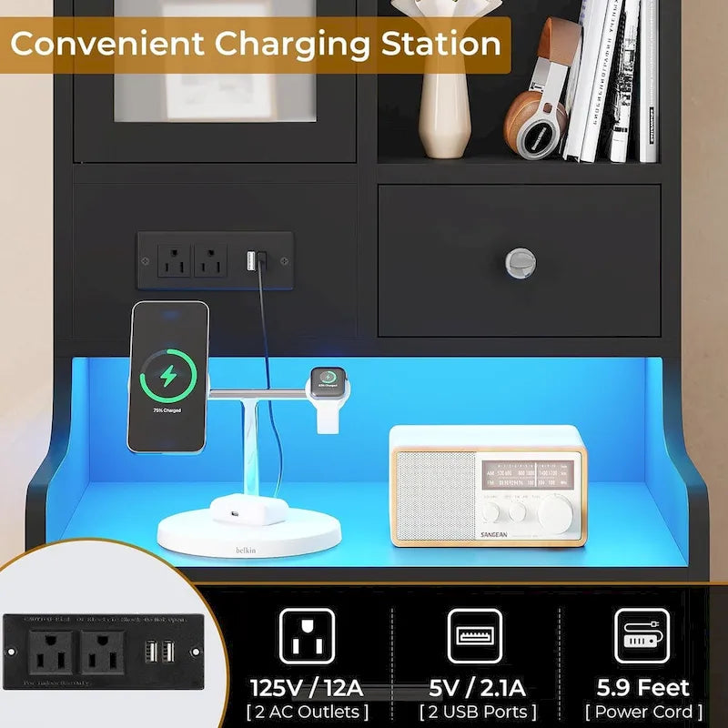 Tall Nightstand with Charging Station, 3 Drawers, Glass Door and LED Lights