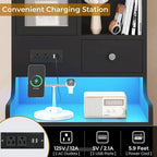 Tall Nightstand with Charging Station, 3 Drawers, Glass Door and LED Lights