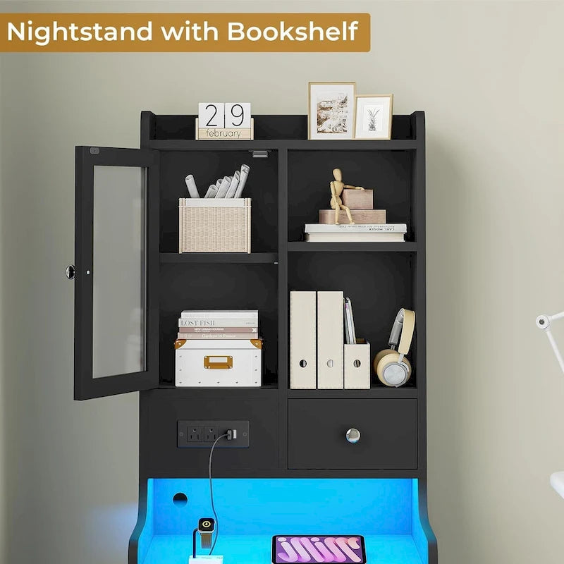Tall Nightstand with Charging Station, 3 Drawers, Glass Door and LED Lights