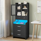 Tall Nightstand with Charging Station, 3 Drawers, Glass Door and LED Lights