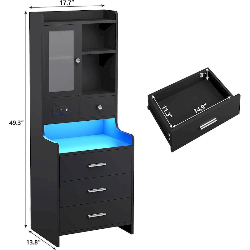 Tall Nightstand with Charging Station, 3 Drawers, Glass Door and LED Lights