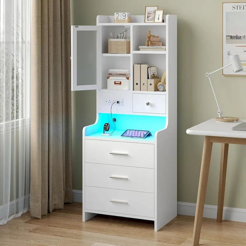 Tall Nightstand with Charging Station, 3 Drawers, Glass Door and LED Lights