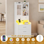 Tall Nightstand with Charging Station, 3 Drawers, Glass Door and LED Lights