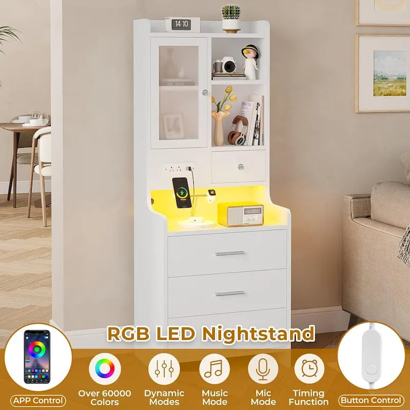 Tall Nightstand with Charging Station, 3 Drawers, Glass Door and LED Lights