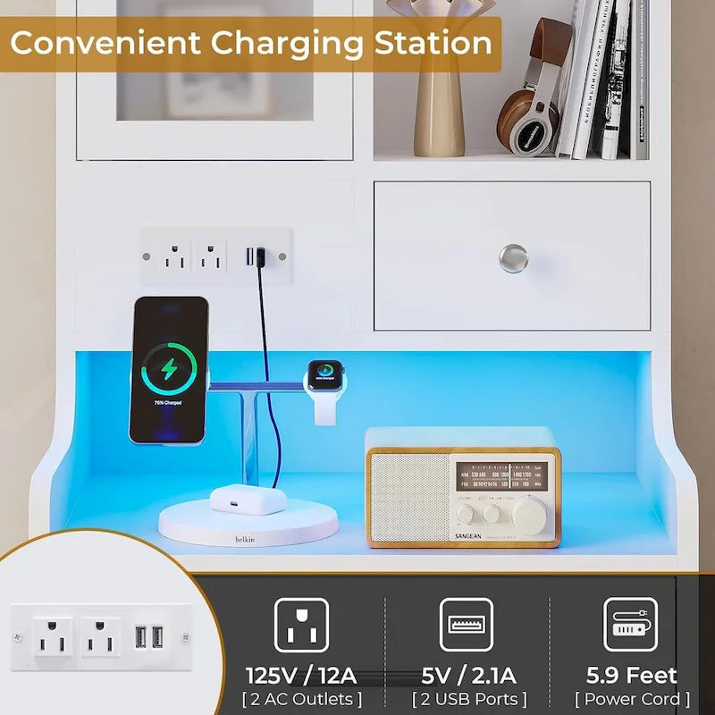Tall Nightstand with Charging Station, 3 Drawers, Glass Door and LED Lights