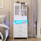 Tall Nightstand with Charging Station, 3 Drawers, Glass Door and LED Lights