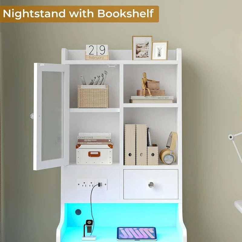 Tall Nightstand with Charging Station, 3 Drawers, Glass Door and LED Lights