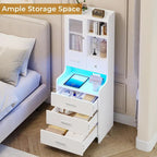 Tall Nightstand with Charging Station, 3 Drawers, Glass Door and LED Lights