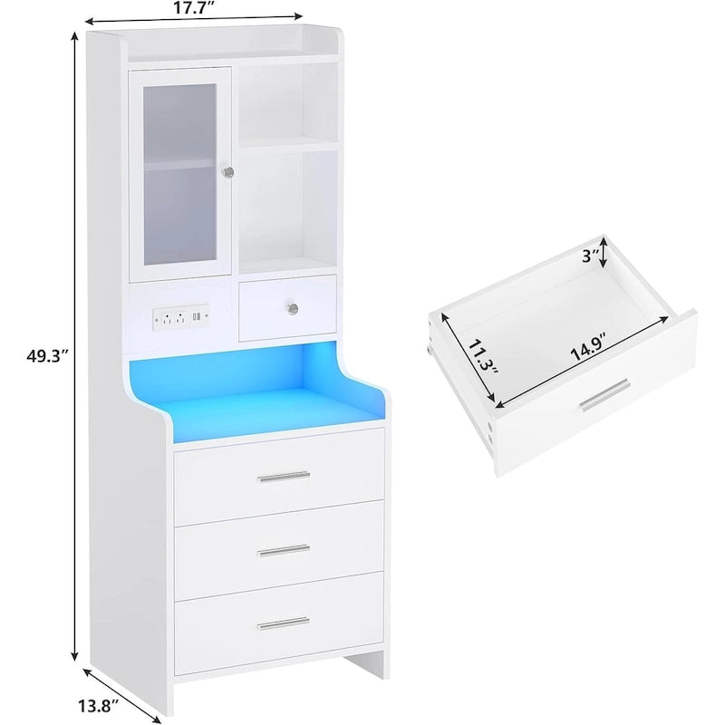 Tall Nightstand with Charging Station, 3 Drawers, Glass Door and LED Lights
