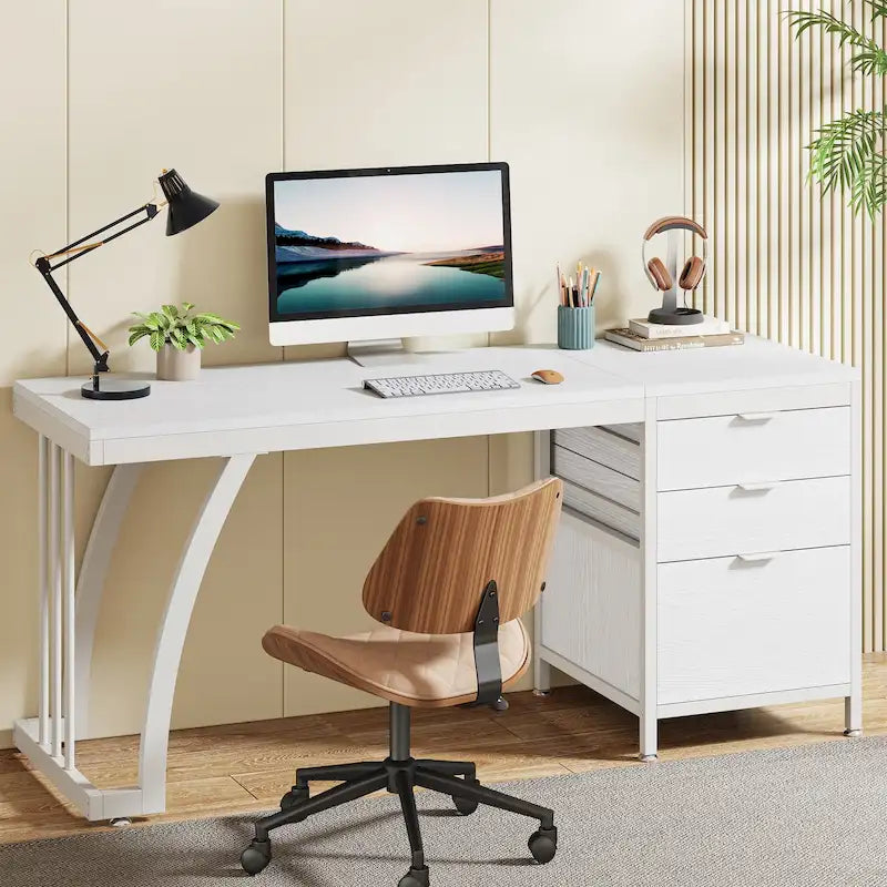 59-Inch Computer Desk with 3-Drawer Cabinet and Reversible Storage