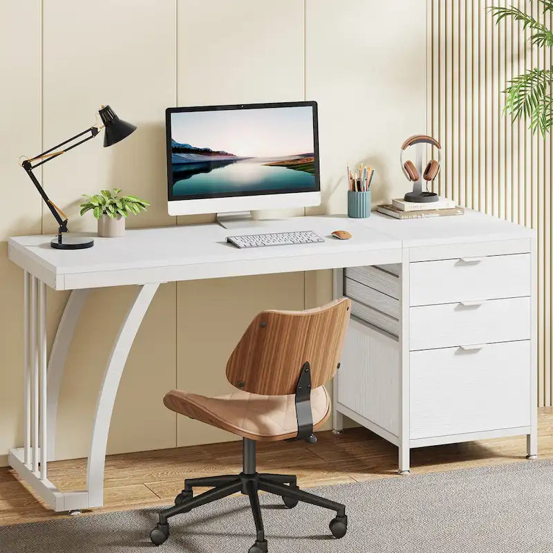 59 inch Reversible Computer Desk with 3 Drawer Cabinet, Industrial Study Writing Table Workstation for Home Office Bedroom
