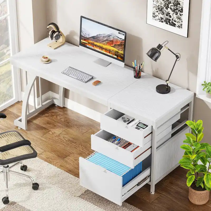 59-Inch Computer Desk with 3-Drawer Cabinet and Reversible Storage