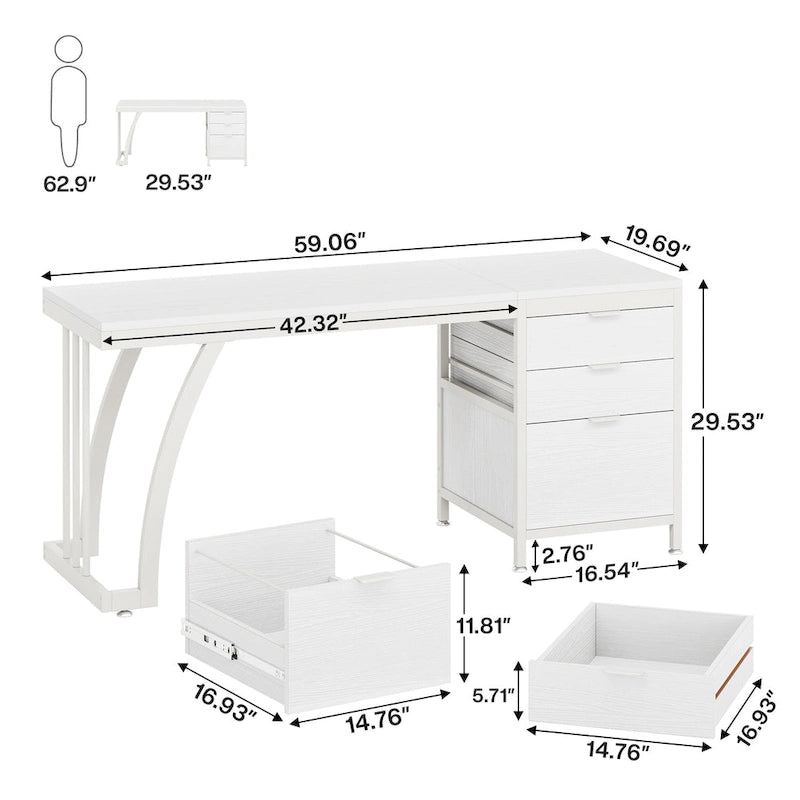59-Inch Computer Desk with 3-Drawer Cabinet and Reversible Storage