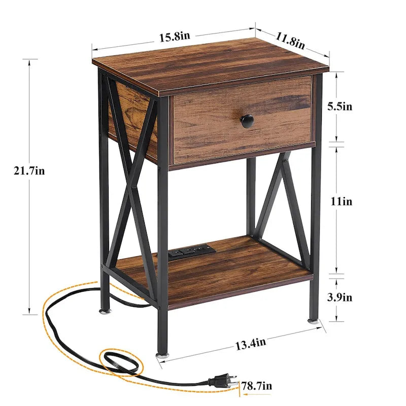 1-Drawer Nightstand with Charging Station and Storage Shelf