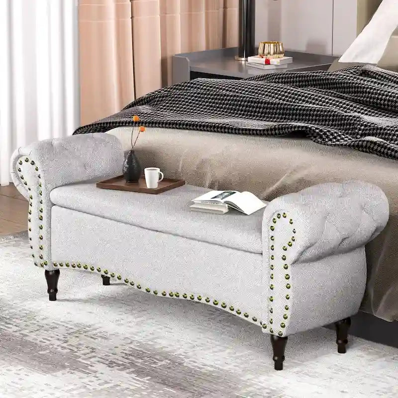 53 in. Upholstered Storage Bench with Tufted Design, Rolled Arms and Safety Hinge