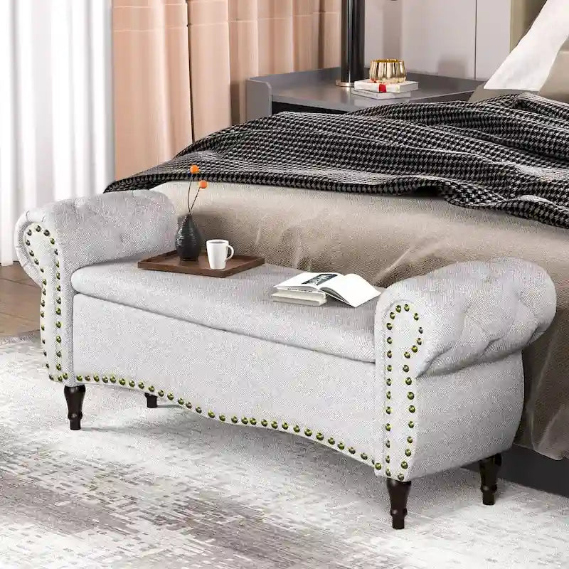 53 in Tufted Bench with Safety Hinge and Rolled Arm End of Bed Storage