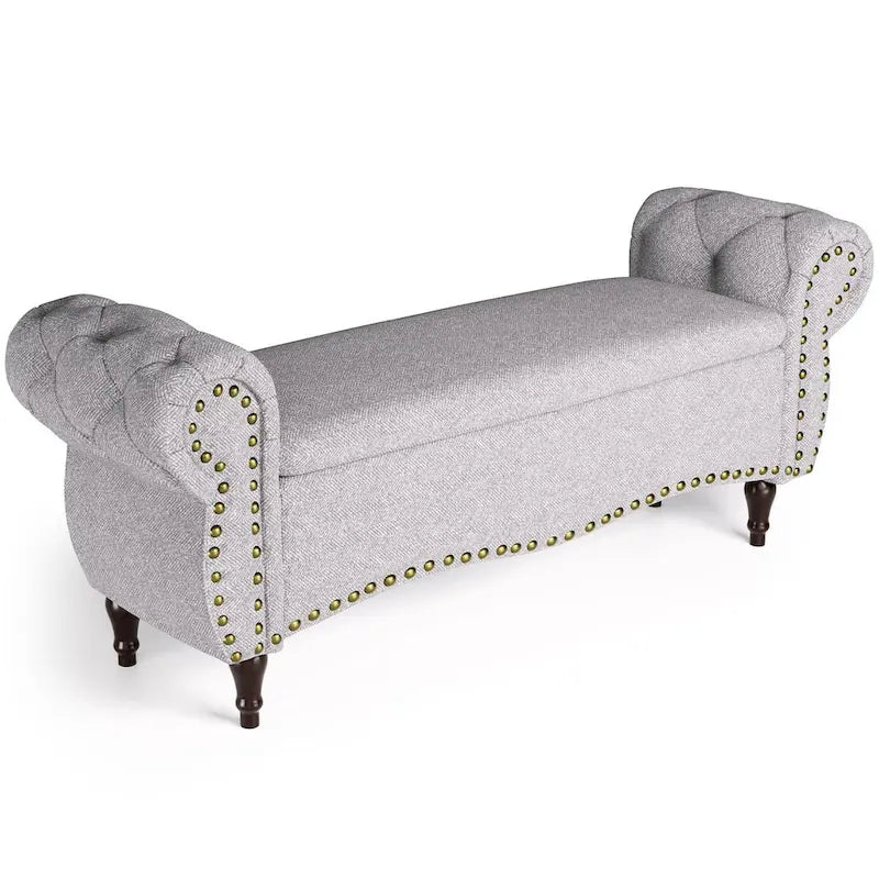 53 in. Upholstered Storage Bench with Tufted Design, Rolled Arms and Safety Hinge