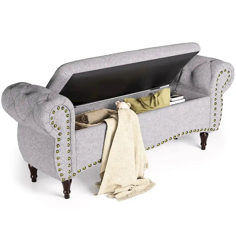 53 in. Upholstered Storage Bench with Tufted Design, Rolled Arms and Safety Hinge