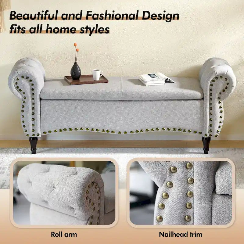53 in. Upholstered Storage Bench with Tufted Design, Rolled Arms and Safety Hinge