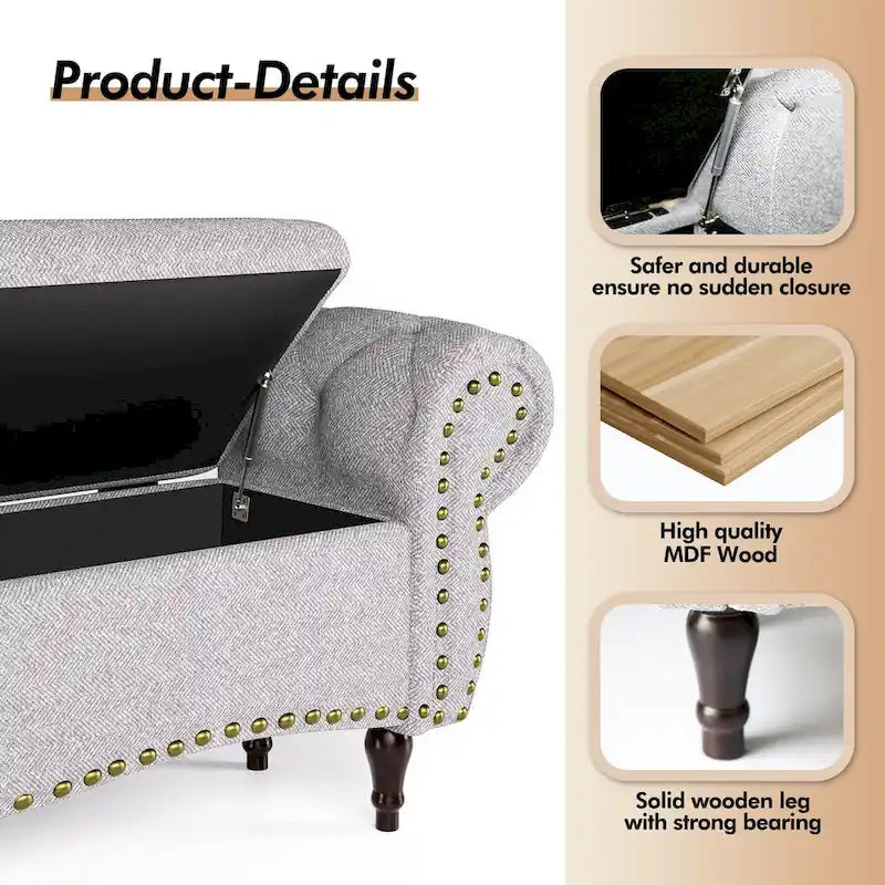 53 in. Upholstered Storage Bench with Tufted Design, Rolled Arms and Safety Hinge