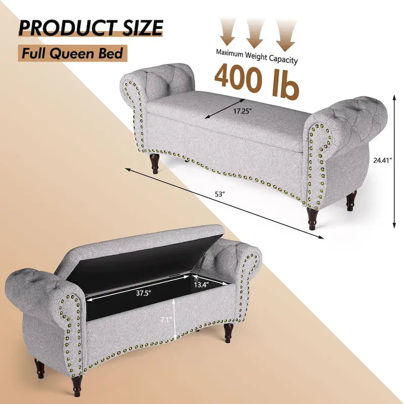 53 in. Upholstered Storage Bench with Tufted Design, Rolled Arms and Safety Hinge