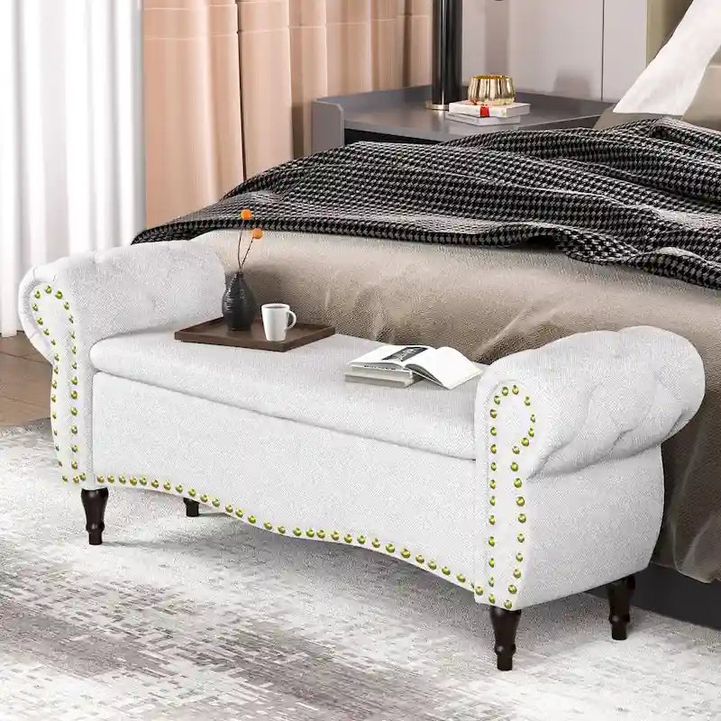 53 in. Upholstered Storage Bench with Tufted Design, Rolled Arms and Safety Hinge